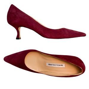 Manolo Blahnik Srila Burgundy Suede Kitten Heels